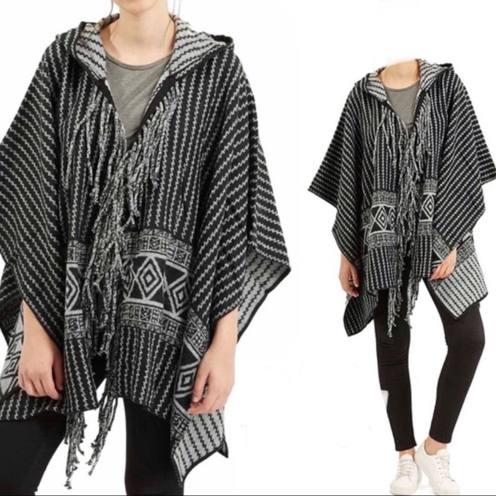 TOP SHOP TASSEL FRINGED HOODED PONCHO